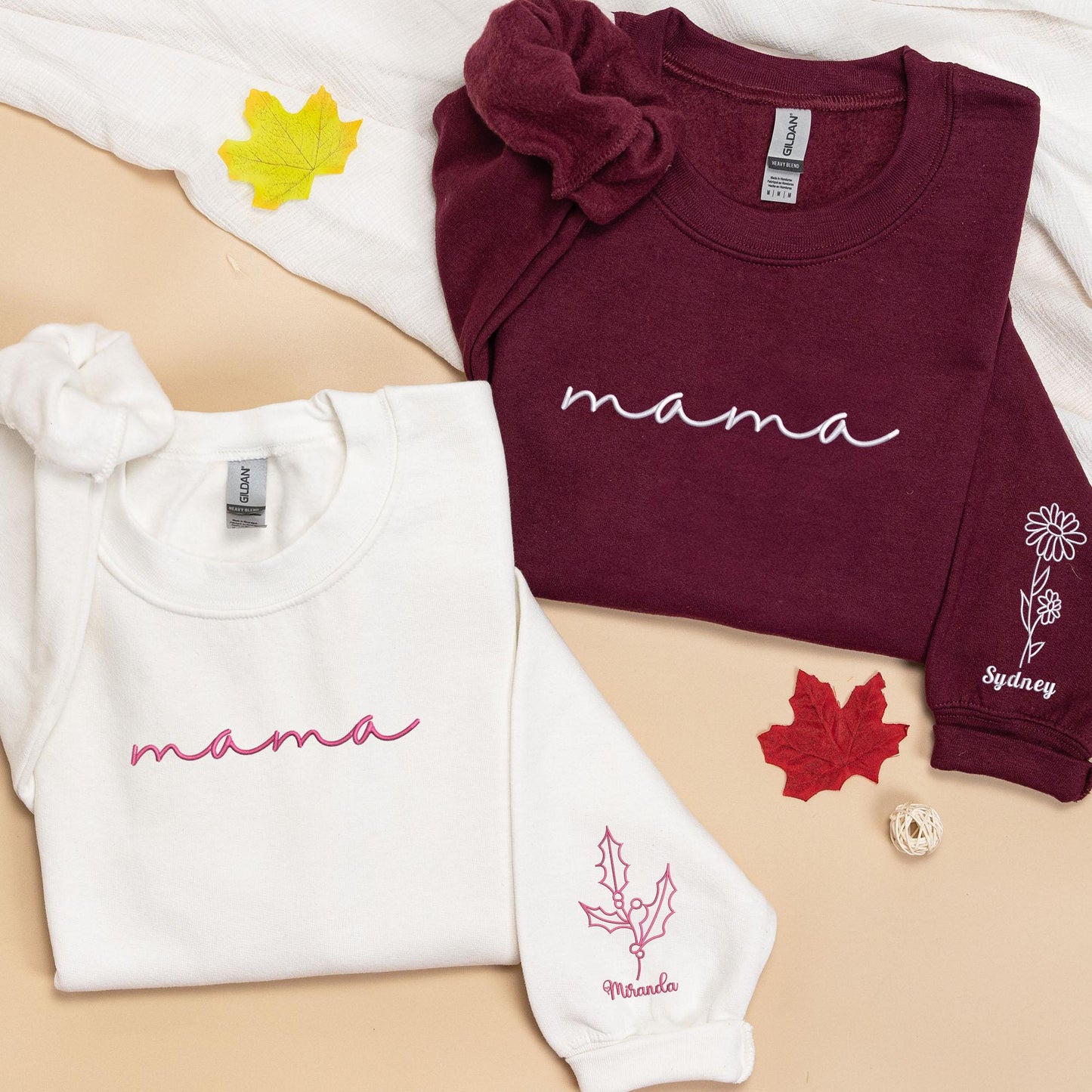 Embroidered Custom Mom Sweatshirt with Mom Birth Flowers & Names on Sleeve