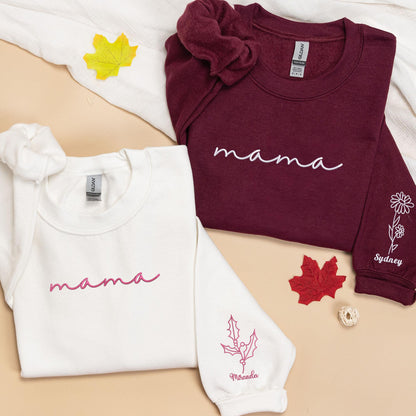 Embroidered Custom Mom Sweatshirt with Mom Birth Flowers & Names on Sleeve