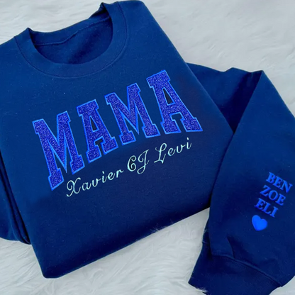 Custom Embroidered Mama Sweatshirt with Kids Names on Sleeve New Mom Hoodie Personalized Gift for Mom