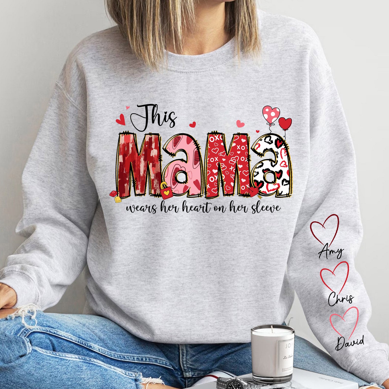 Personalized Heart on Her Sleeve MUM Sweatshirt