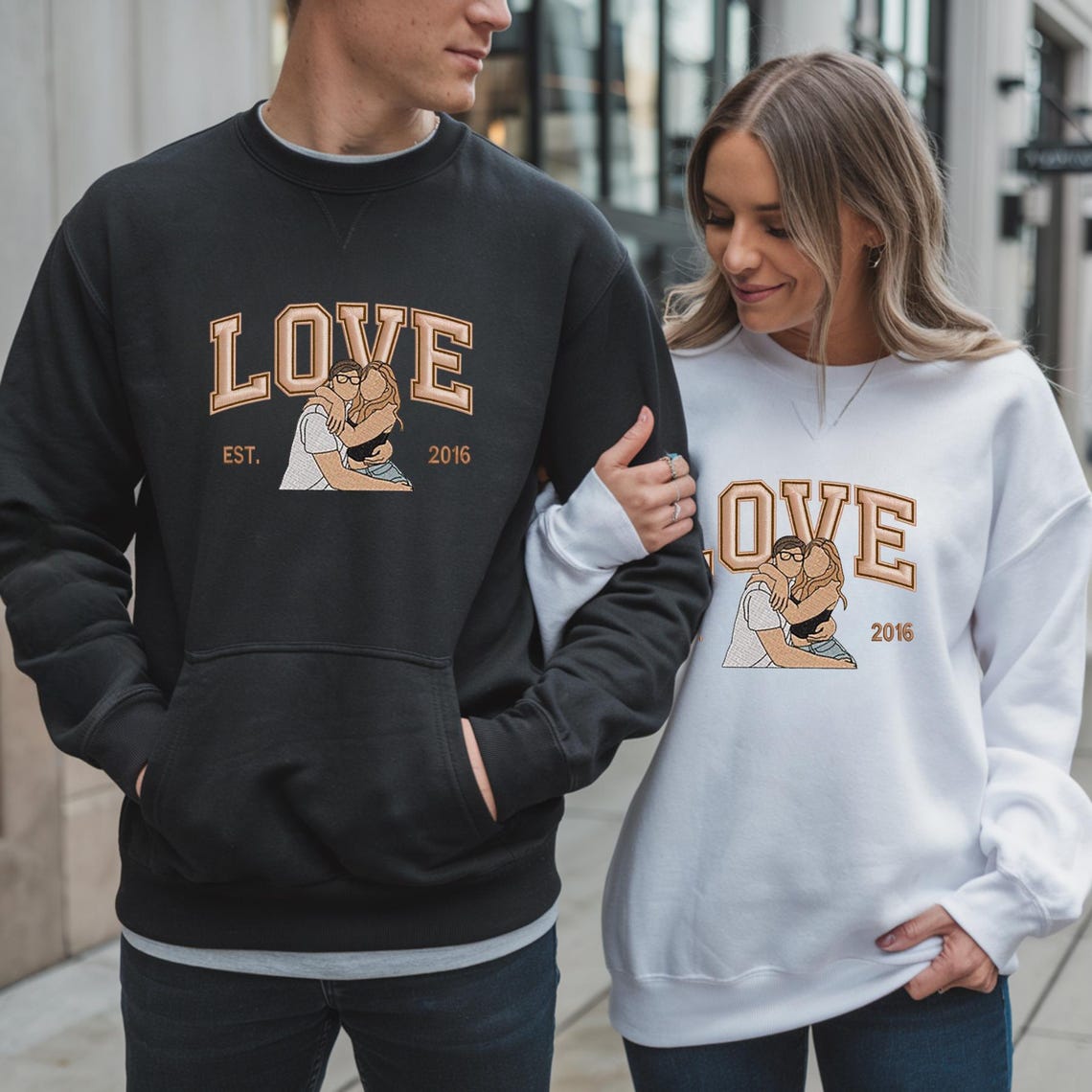 Loversdovey Personalized Embroidered Photo Couple LOVE Est Year Valentines Matching Couple Gift
