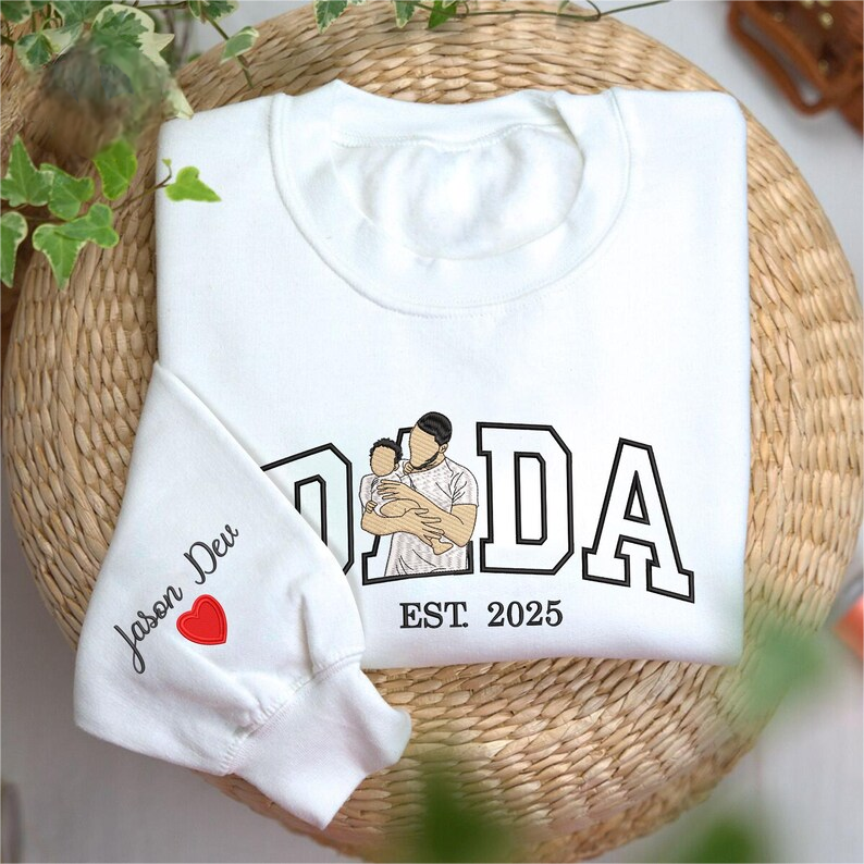 Custom Dada Portrait Embroidered Sweatshirt with Kids' Names on Sleeve – Father's Day Gift