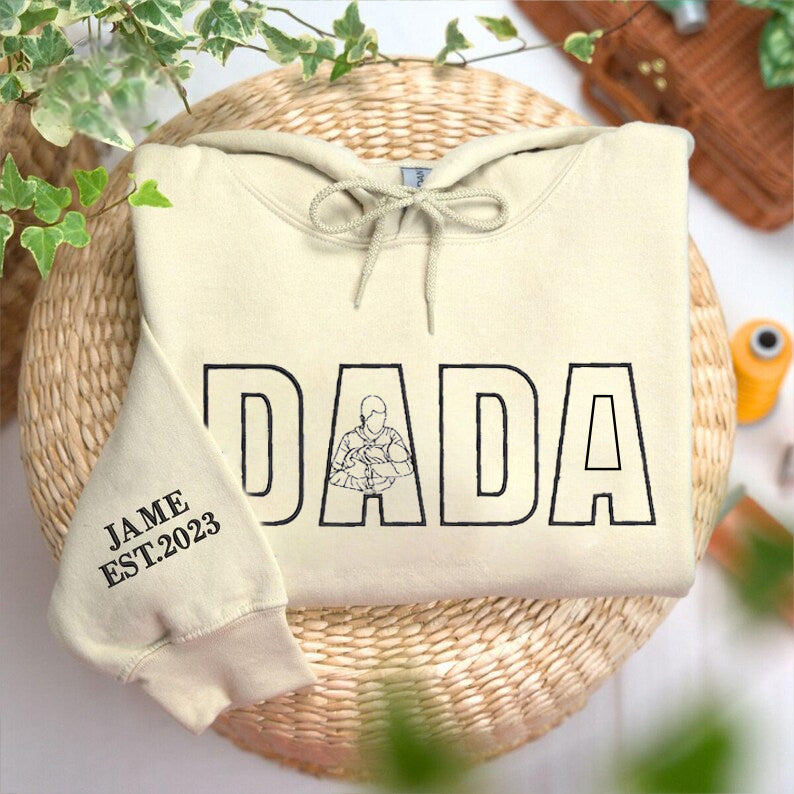 Custom Dada Portrait Embroidered Sweatshirt with Kids' Names on Sleeve – Father's Day Gift