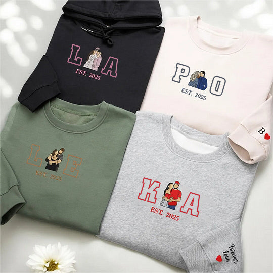 Loversdovey Personalized Embroidered Photo Couple Initial Est Year Crewneck/Hoodie/T-shirt