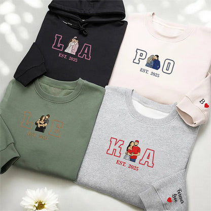 Loversdovey Personalized Embroidered Photo Couple Initial Est Year Crewneck/Hoodie/T-shirt