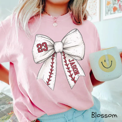 Custom Sport Bow Shirt, Baseball Softball Mom Shirt With Kids Name & Jersey Number