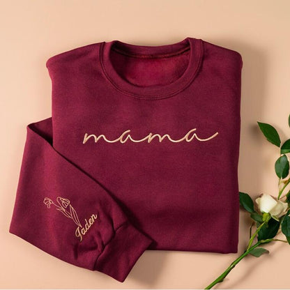 Embroidered Custom Mom Sweatshirt with Mom Birth Flowers & Names on Sleeve