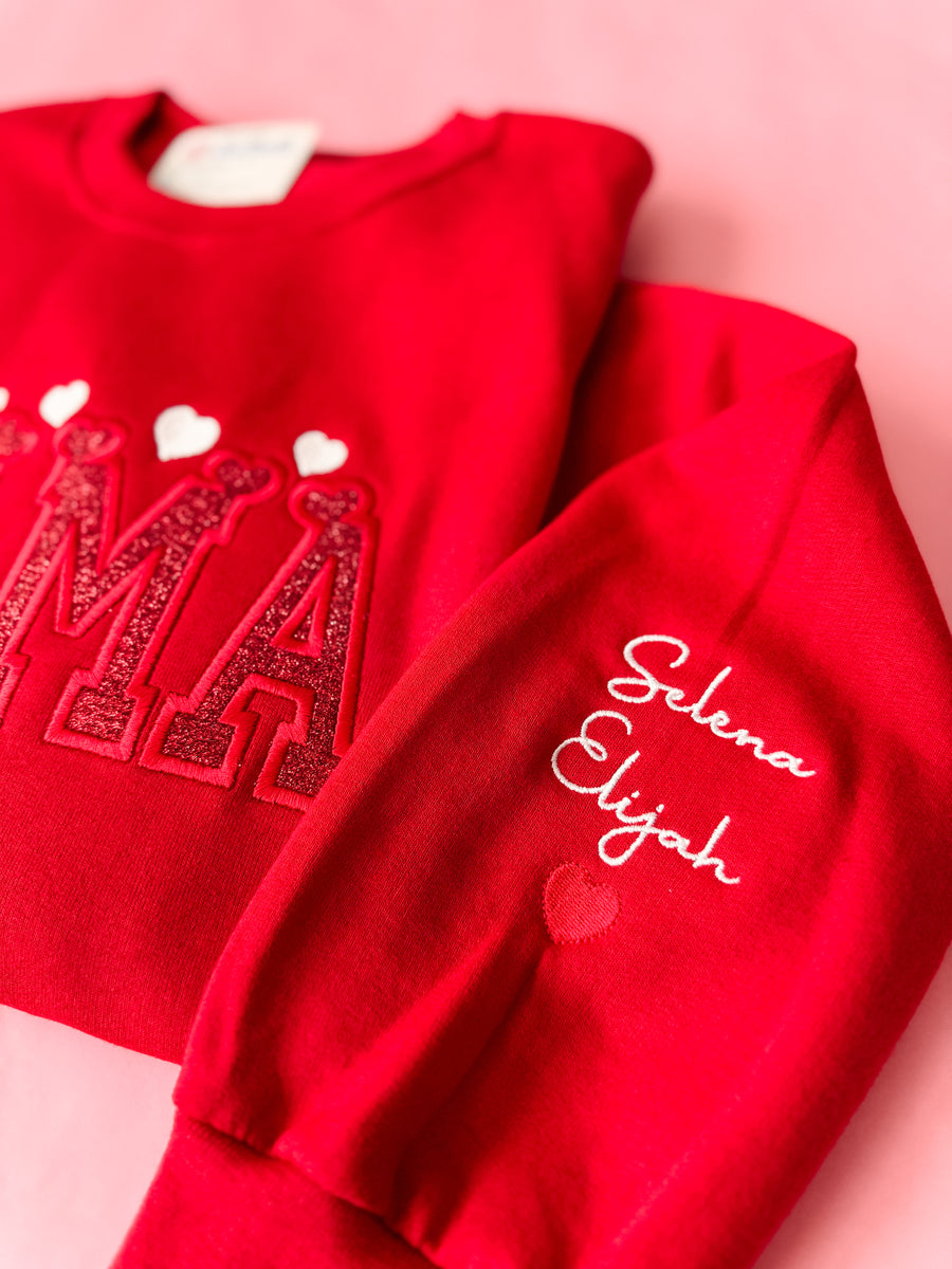 Embroidered Heart Mom Sweatshirt With Child's Name On The Sleeve