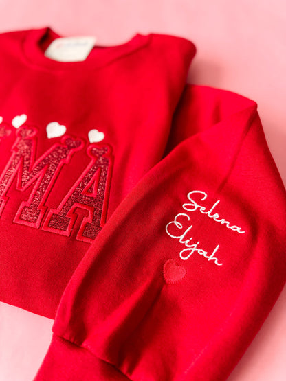 Embroidered Heart Mom Sweatshirt With Child's Name On The Sleeve