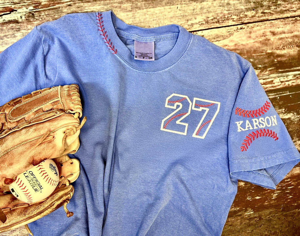 Personalized Baseball Neckline Embroidery Family Cheer T-Shirt