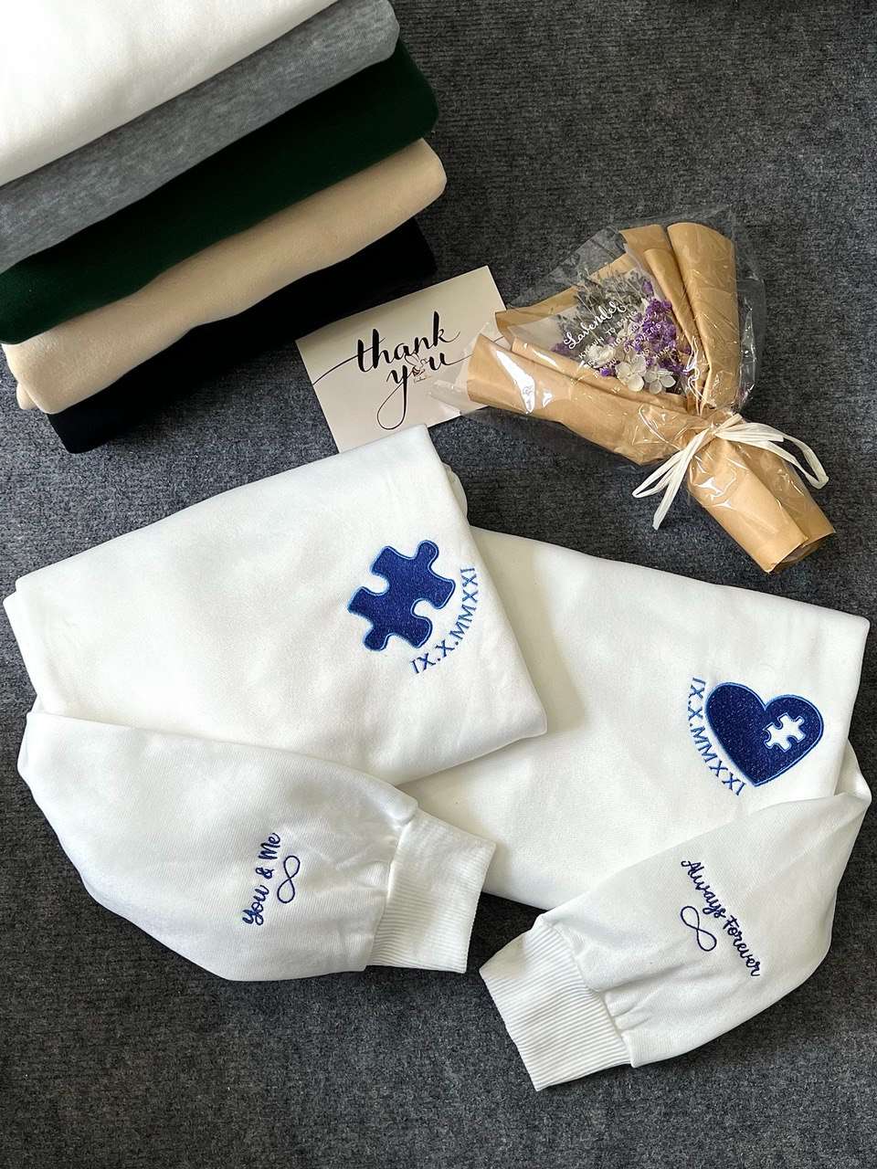 Heart and Puzzle with Roman Numeral Embroidered Matching Couple Sweatshirt