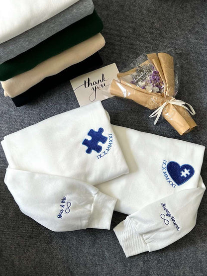 Heart and Puzzle with Roman Numeral Embroidered Matching Couple Sweatshirt