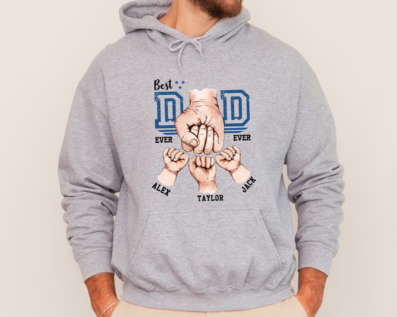Best Dad Ever Custom Sweatshirt – Fist Bump Dad Hoodie with Kids’ Names | Personalized Father’s Day Gift