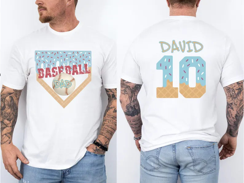 Customized Baseball Ice Cream Drip T-Shirt - Name And Number Printed On The Back - Gift For Dad