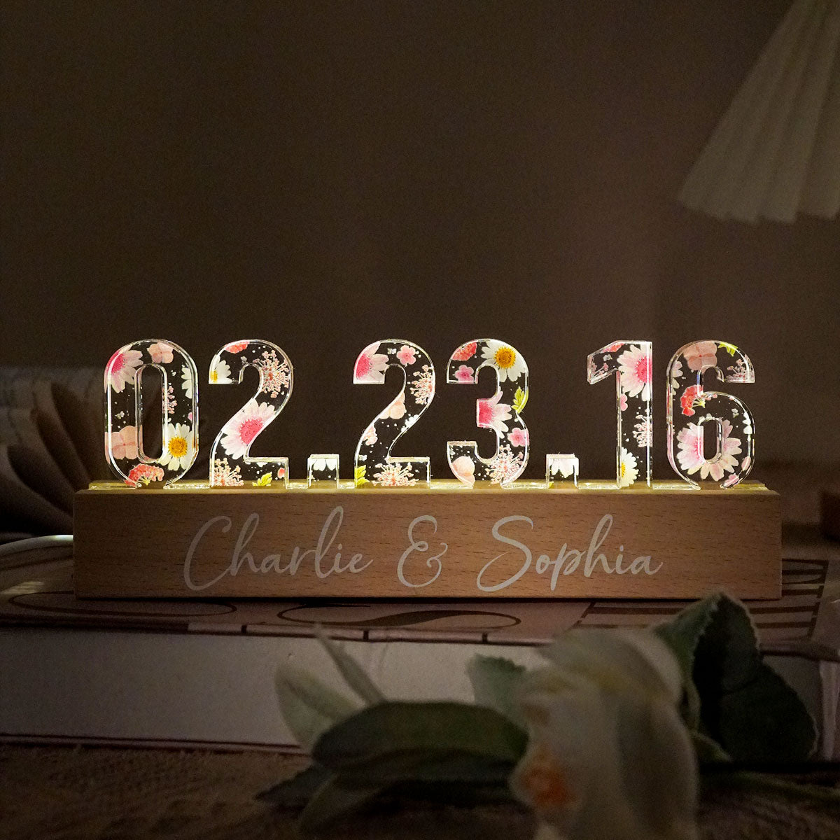 Couple Engagement Anniversary Date Flowers Personalized Custom LED Night Light, Gift for her, Gift for him