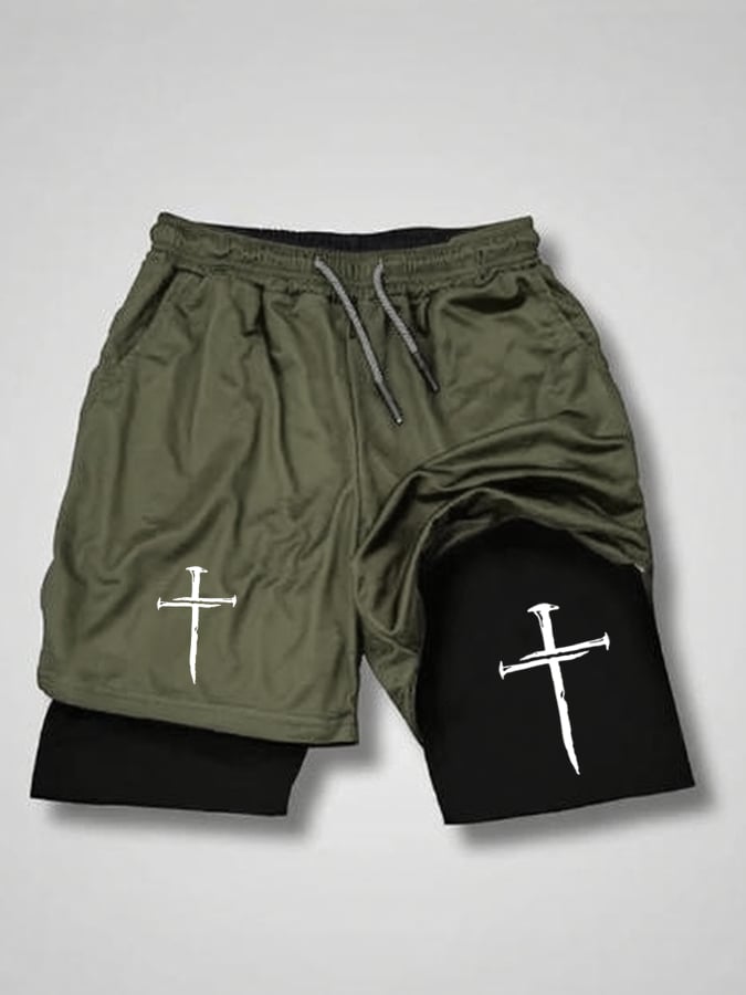 Men'S Classic Cross Print Double Layer Shorts (With Pockets)