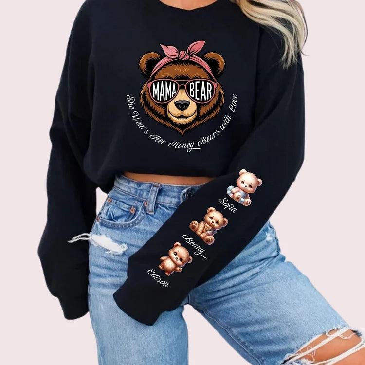 Mama Bear She Wears Her Honey Bears with Love Sweatshirt, Custom Kids Name On Sleeve Mothers Day Gift