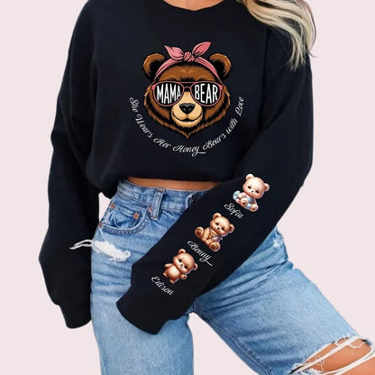 Mama Bear She Wears Her Honey Bears with Love Sweatshirt, Custom Kids Name On Sleeve Mothers Day Gift