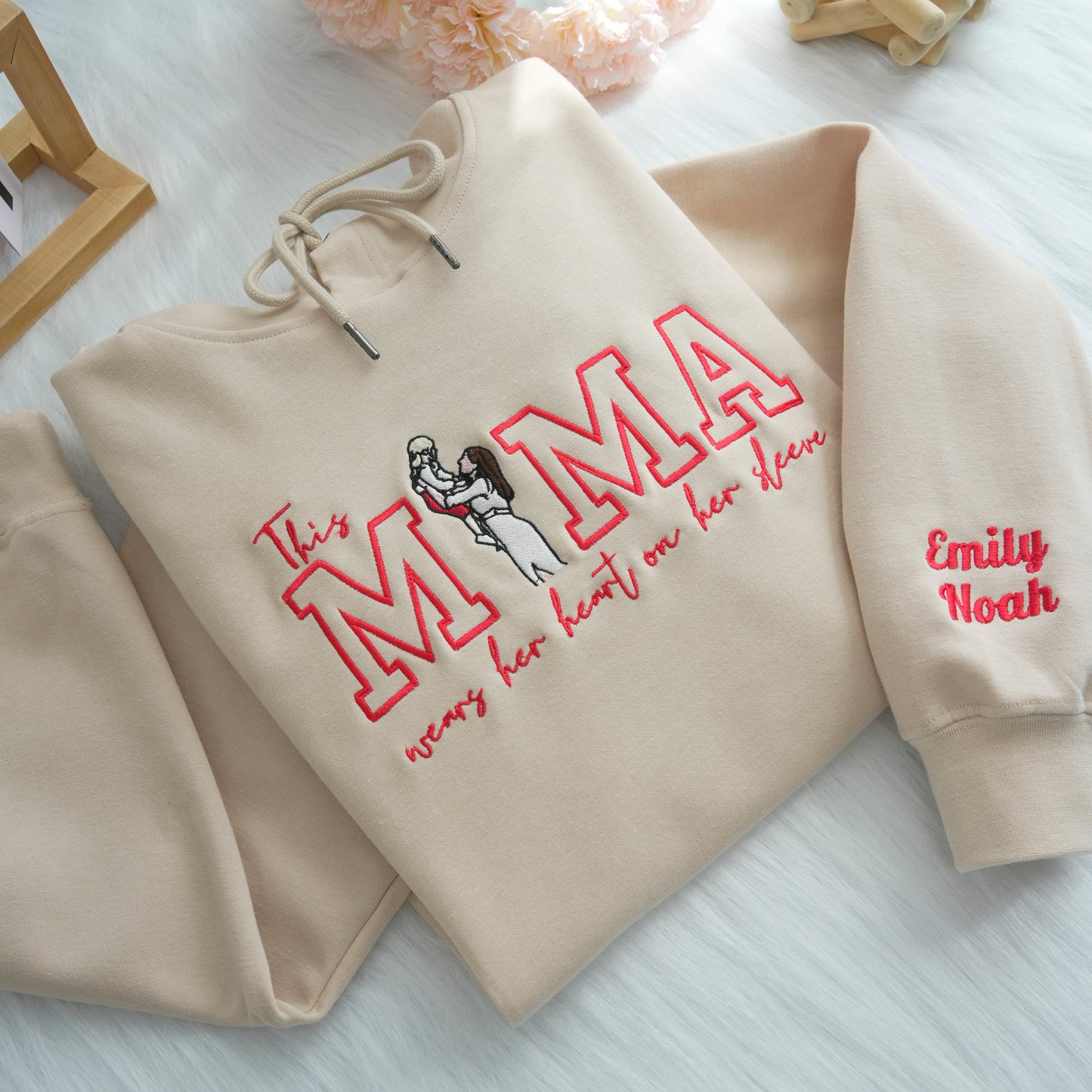 Mom Wears Her Heart on Her Sleeves - Custom Thread Mama Sweatshirt with Photo Gift for Mom