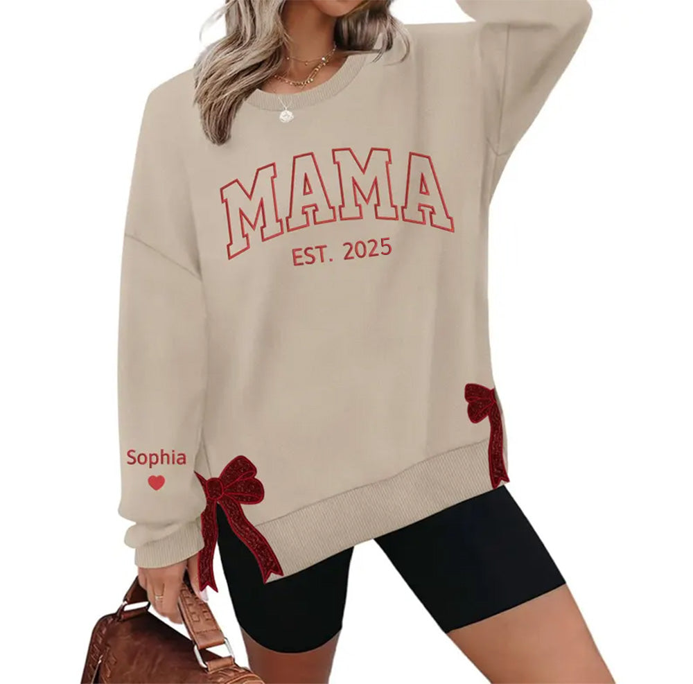 Personalized Mama Bow Embroidered Sweatshirt | Trendy Side Slit Bow Sweatshirt | Personalized Mama Sweatshirt | Mama Gifts