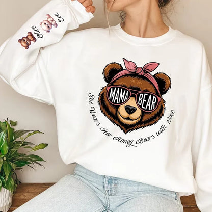 Mama Bear She Wears Her Honey Bears with Love Sweatshirt, Custom Kids Name On Sleeve Mothers Day Gift