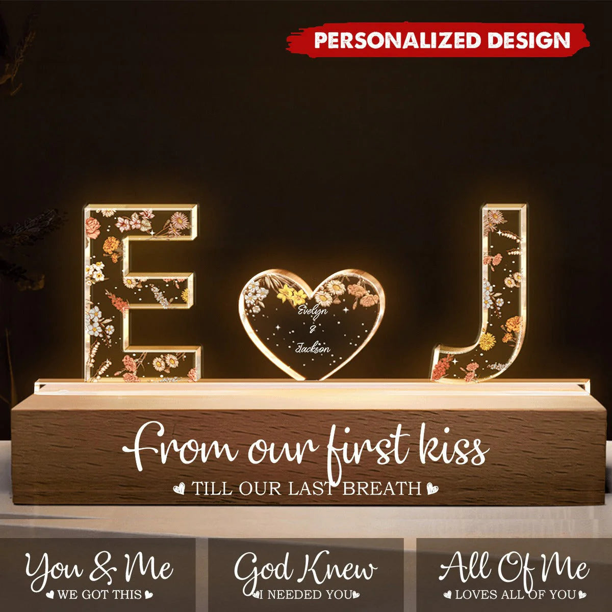 Couple Initials Floral Theme Anniversary Gift Personalized Acrylic Block LED Night Light