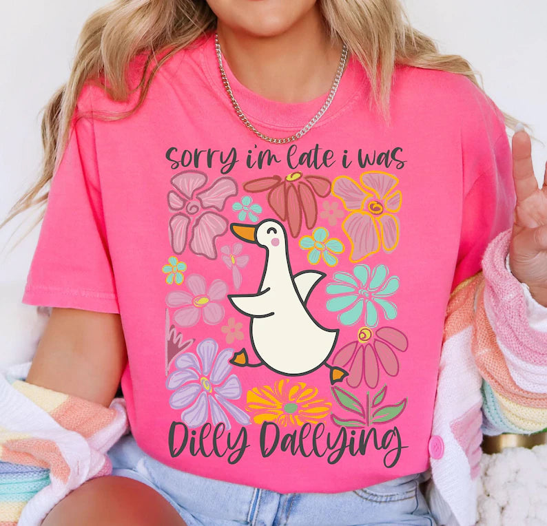 Sorry I'm Late I Was Dilly Dallying" Women's Hoodie - Floral Goose Print, Retro Funny Mom Sweatshirt, Boho Chic Pullover, Preppy Girly Casual Hoodie