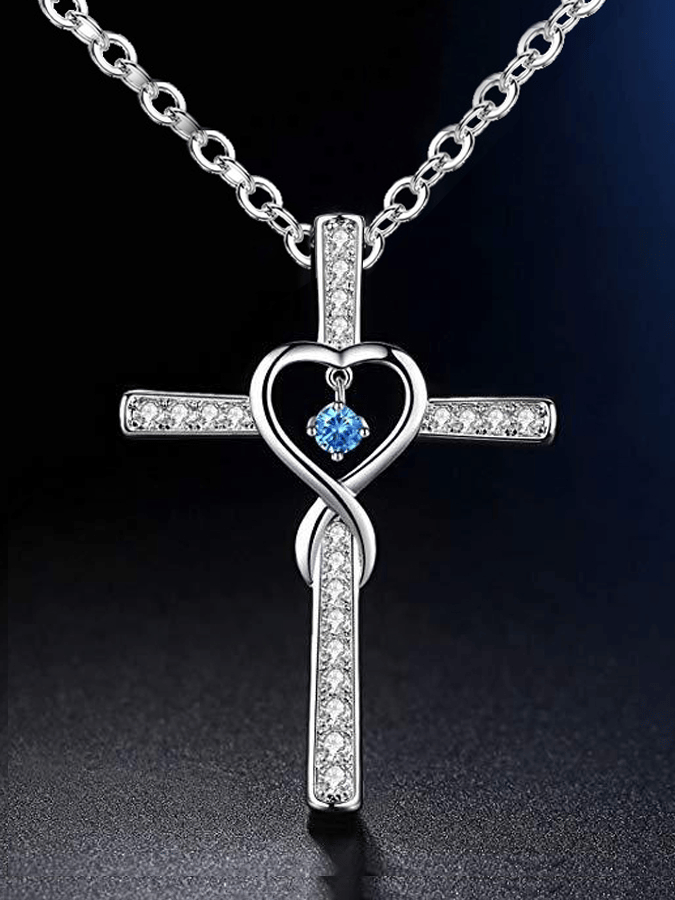 Women's Cross Encrusted Zircon Pendant Love Shaped Birthstone Necklace