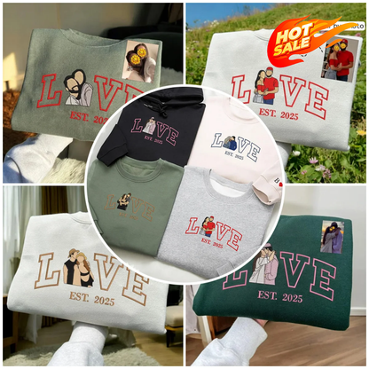 Loversdovey Personalized Embroidered Photo Couple LOVE Est Year Crewneck/Hoodie/T-shirt