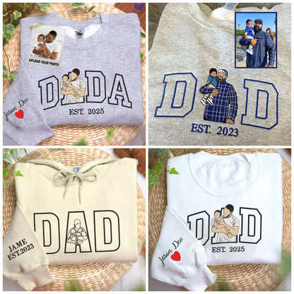 Custom Dada Portrait Embroidered Sweatshirt with Kids' Names on Sleeve – Father's Day Gift
