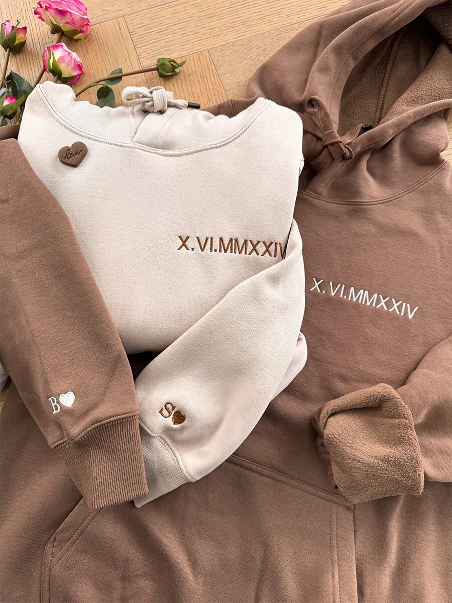Loversdovey Custom Roman Numeral Embroidered Sweatshirt • Couples Gift • Personalized Portrait and Initial On Sleeve