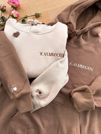 Loversdovey Custom Roman Numeral Embroidered Sweatshirt • Couples Gift • Personalized Portrait and Initial On Sleeve