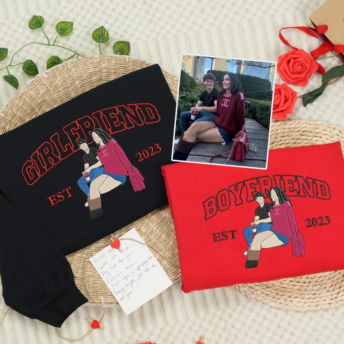 Loversdovey Personalized Embroidered Photo Couple Boyfriend and Girlfriend Matching Sweatshirts
