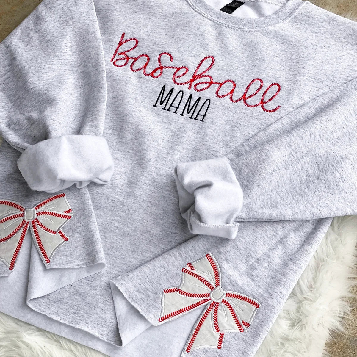Embroidered Baseball Softball Mama Sweatshirt With Coquette Baseball Softball Bows