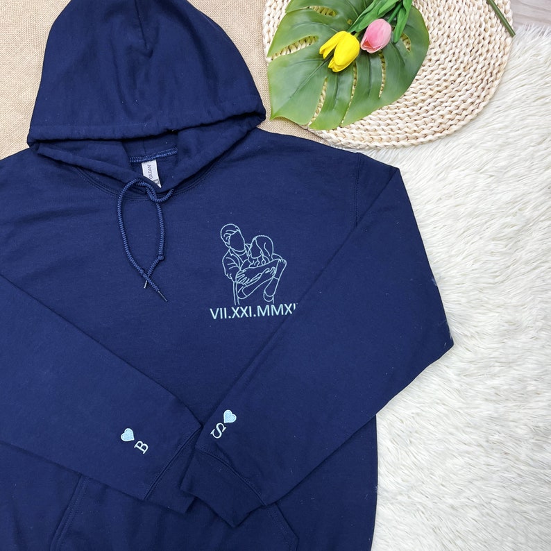 Personalized Outline Embroidered Portrait from Photo-Matching Couple Hoodie