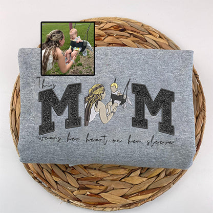 Mom Wears Her Heart on Her Sleeves Custom Glitter Mama Sweatshirt with Photo Gift for Mom Nana