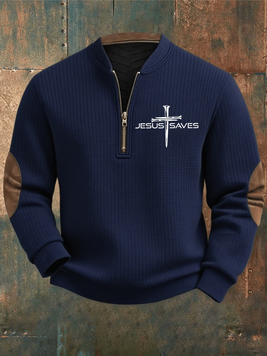 Men's Faith Print Zipper Neck Knit Sweatshirt