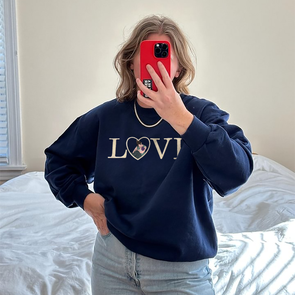 Loversdovey Personalized Embroidered Photo Family LOVE Crewneck/Hoodie/T-shirt
