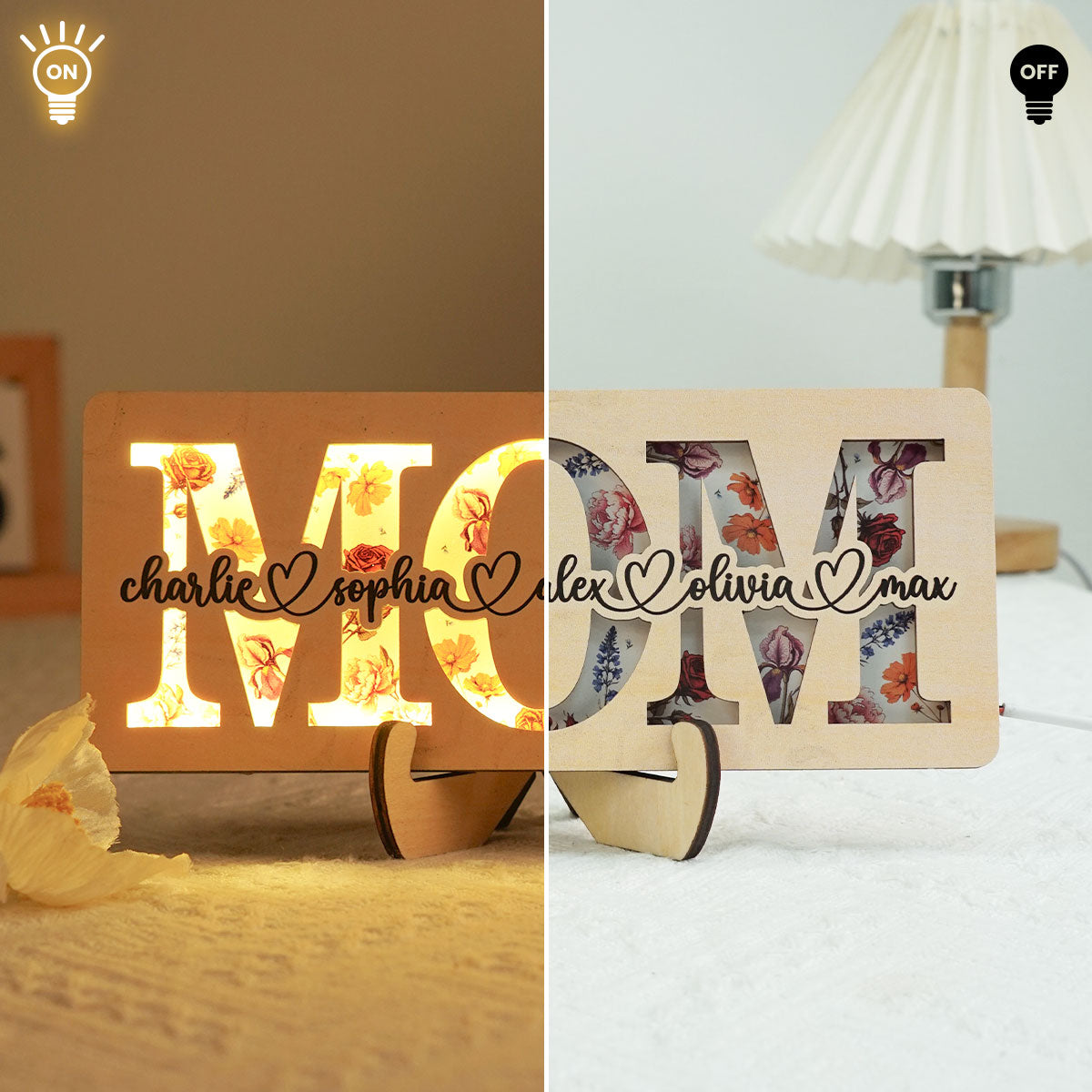 Personalized Mom Birth Month Flowers, Mother's Day Gift for Mom, Mom 2-Layer Wooden Plaque With LED