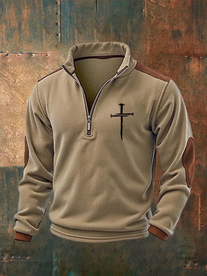 Men's Classic Faith Cross Print Zipper Stand Collar Sweatshirt