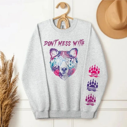 Don't Mess With Mama Bear Sweatshirt, Custom Kids' Names On The Sleeve Sweatshirt, Mama Bear Face Sunglasses Hoodie