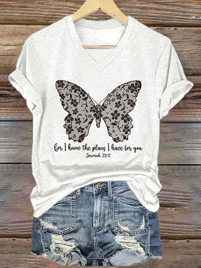 Women'S Casual I Know I Am For You Jeremiah 29:11 Cute Butterfly Christian Graphic Print Short Sleeve V Neck T-Shirt