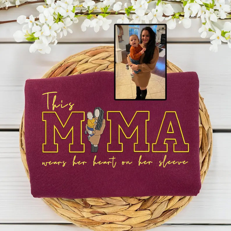 Mom Wears Her Heart on Her Sleeves - Custom Thread Mama Sweatshirt with Photo Gift for Mom