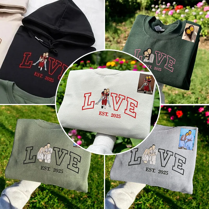 Loversdovey Personalized Embroidered Photo Couple LOVE Est Year Crewneck/Hoodie/T-shirt