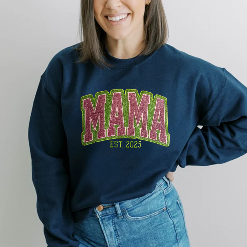 Custom Mama & Year Glitter Applique Embroidered Sweatshirt - Personalized Gift for Mom
