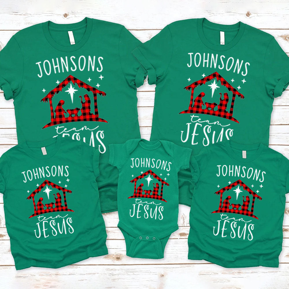Personalized Buffalo Plaid Nativity Christmas Family Matching Christian T-Shirt