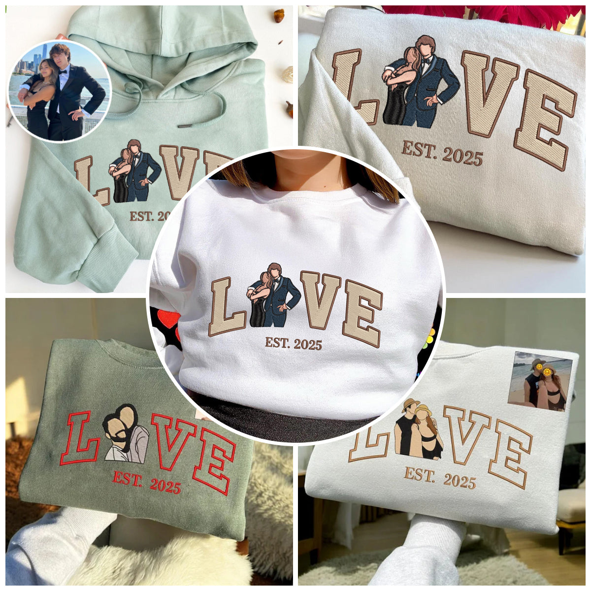 Loversdovey Personalized Embroidered Photo Couple LOVE Est Year Crewneck/Hoodie/T-shirt