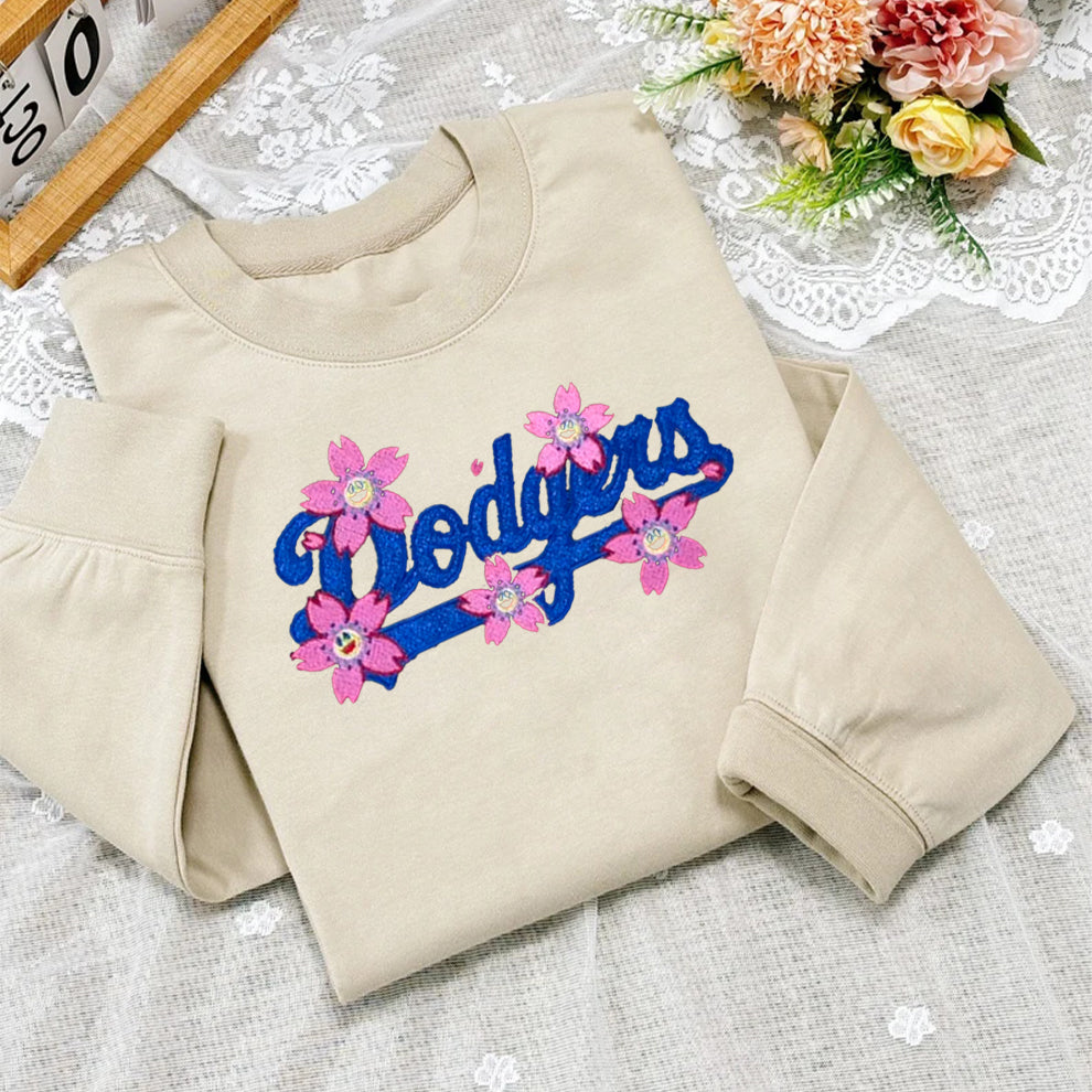 Custom Embroidered Glitter Baseball Team With Flower Sweatshirt