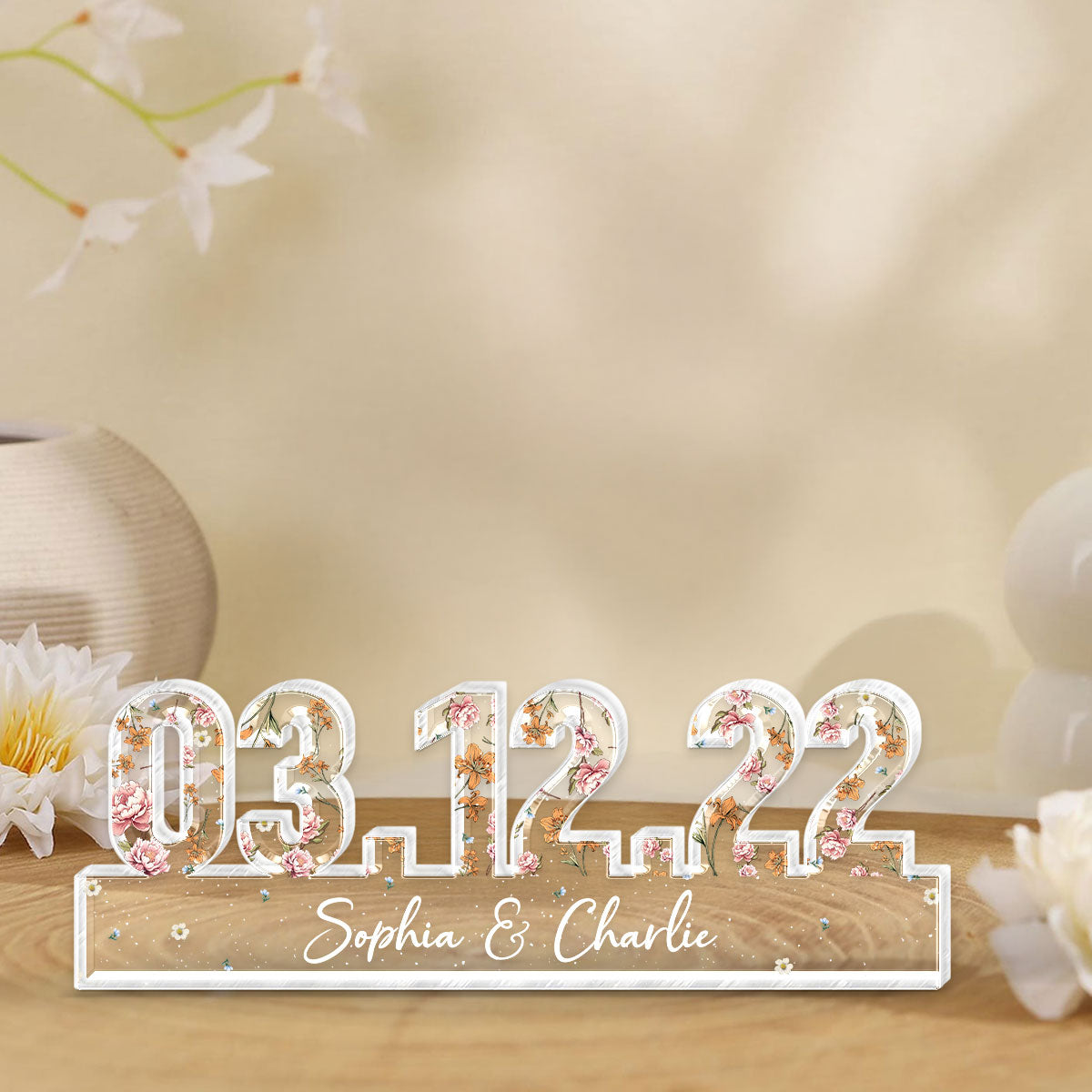 Couple Engagement Wedding Anniversary Special Date Custom Flower Printed Acrylic Block Plaque