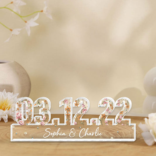 Couple Engagement Wedding Anniversary Special Date Custom Flower Printed Acrylic Block Plaque